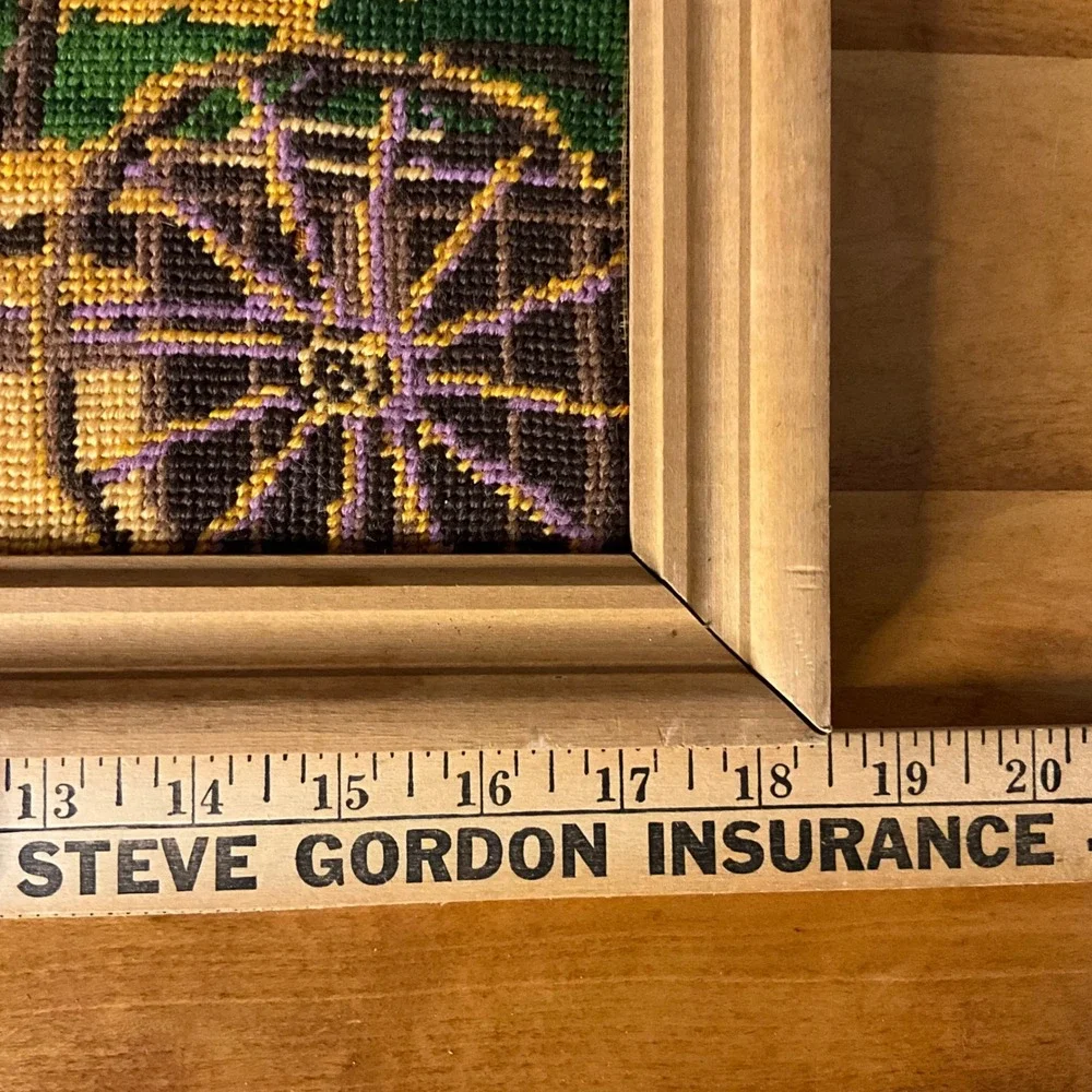 Vintage 1976 Framed‎ Bucilla Needlepoint Tapestry Village Folk Art Cottagecore